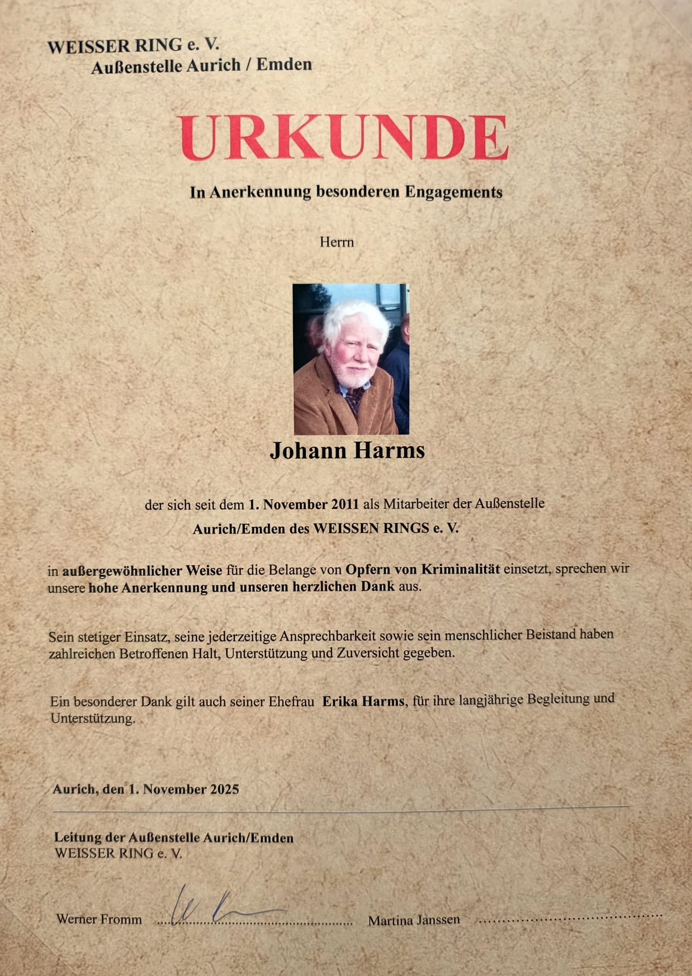 Urkunde der Außenstelle Aurich/Emden