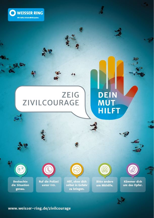 Die 5 Regeln der Zivilcourage des WEISSEN RINGS:  1. Situation genau beobachten, gegebenfalls aus der Distanz handeln 2. Polizei unter 110 rufen 3. Möglichst handeln, bevor sich die Situation zuspitzt 4. Andere Menschen in der Umgebung um Mithilfe und Unterstützung bitten 5. Sich um das Opfer kümmern 6. der Polizei als Zeuge zur Verfügung stehen